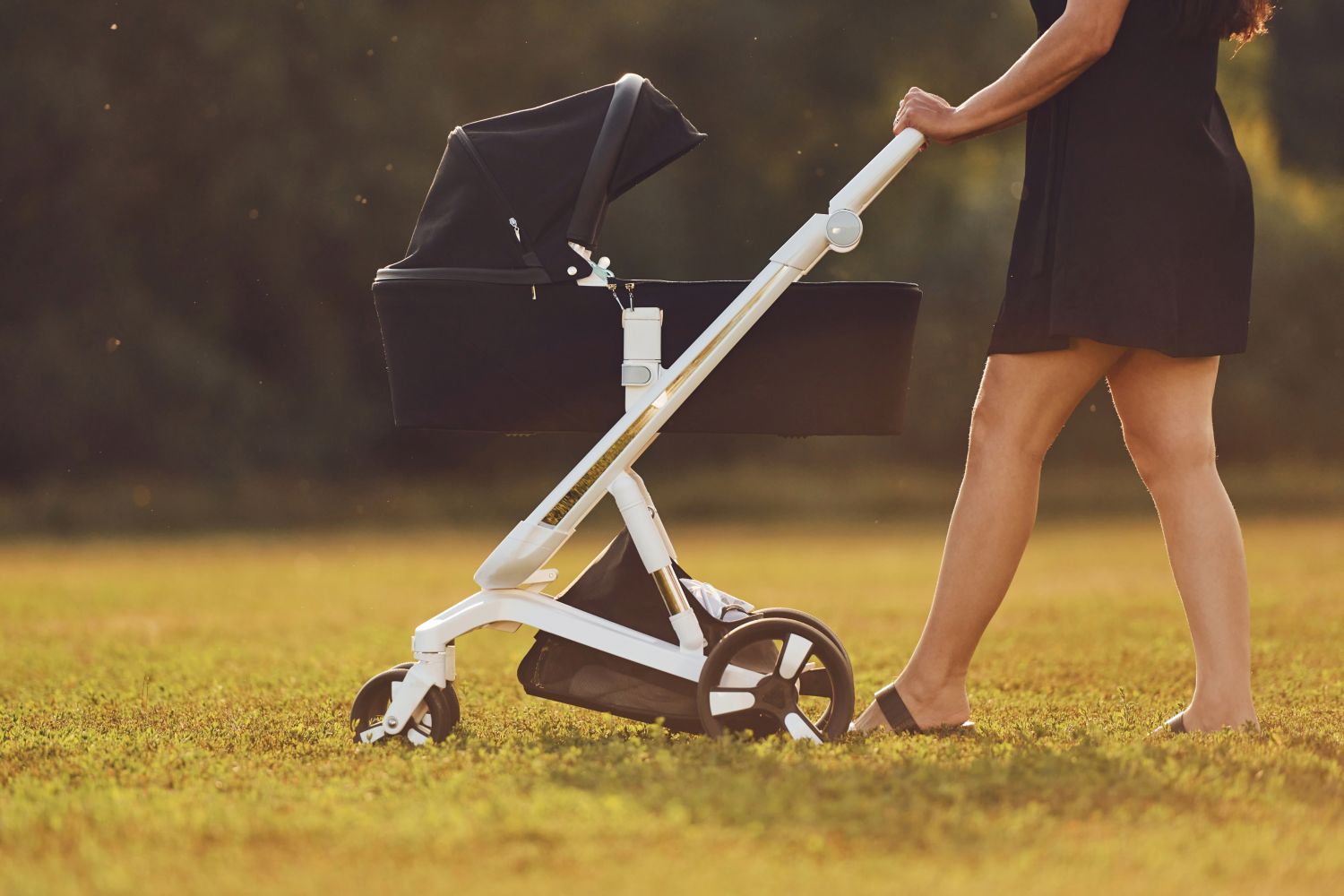 woman pushing foldable stroller
